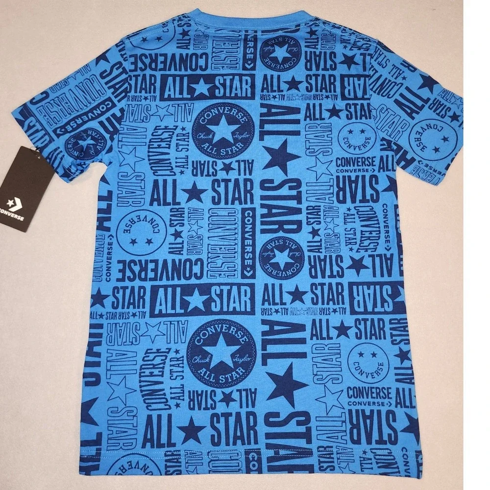 Converse T-Shirt Boys Small 8-10 Blue Excellent All Over Print Graphic Tee